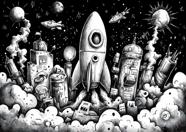 Hand-drawn rocket launching through cloud city doodles with money and graph arrows