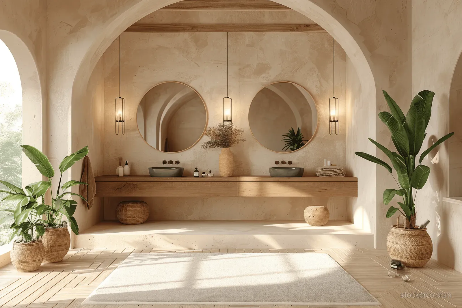 Mediterranean bathroom with wooden vanity, round mirrors, arched niches, warm lights, and green plants in pots.