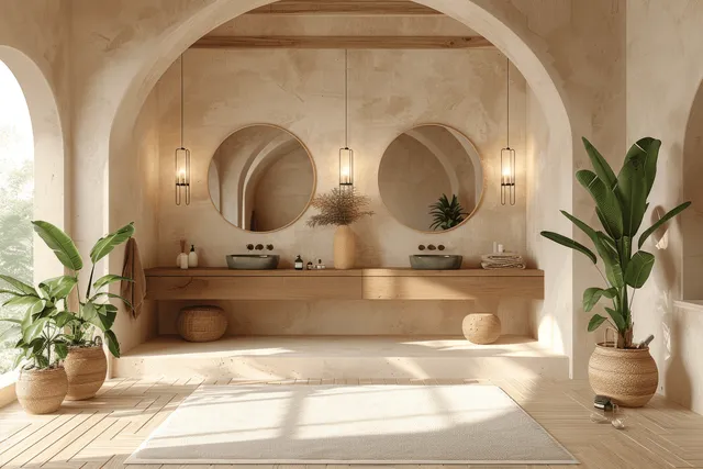 Mediterranean bathroom with wooden vanity, round mirrors, arched niches, warm lights, and green plants in pots.