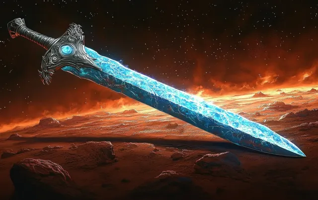 Glowing blue crystal sword floating over rocky alien terrain with fiery orange clouds at night