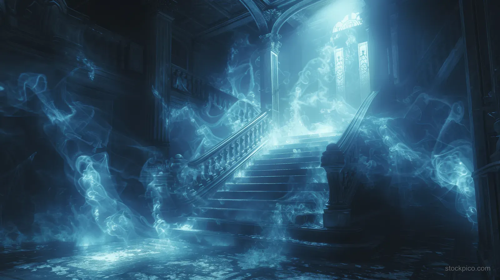 Ghostly blue mist figures climb the stairs of a haunted mansion hallway in the dark.