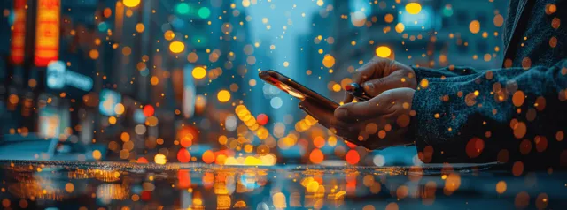 Businessman tapping trading app on smartphone in office at night with bokeh lights