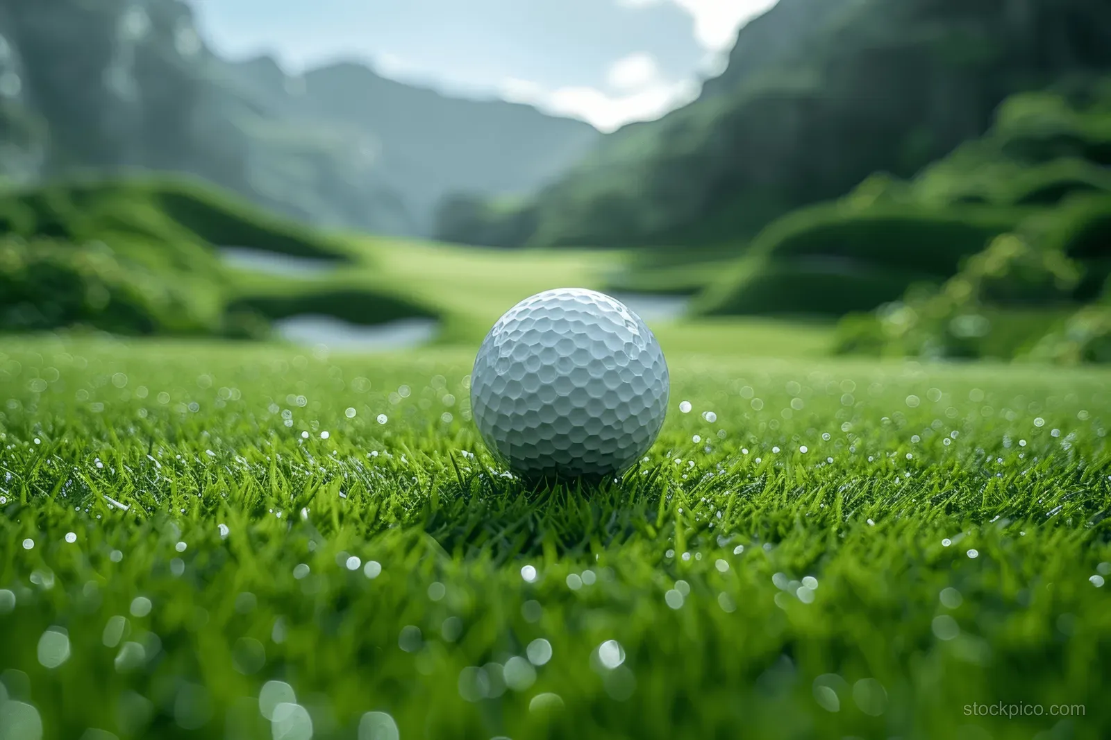 Golf ball on green fairway grass near the hole with scenic hills in the background.