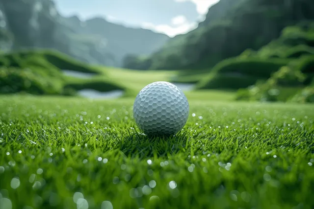 Golf ball on green fairway grass near the hole with scenic hills in the background.