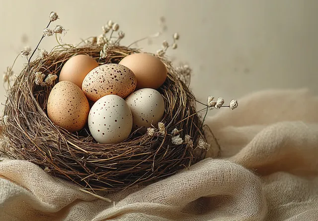 Bird nest with five eggs on beige fabric and dried flowers