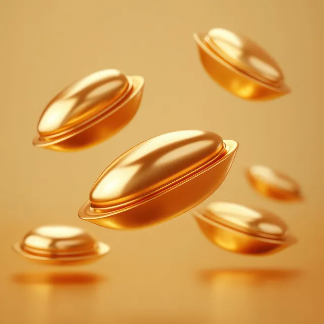 Gold ingot coins with Chinese prosperity symbol floating on warm Lunar New Year background