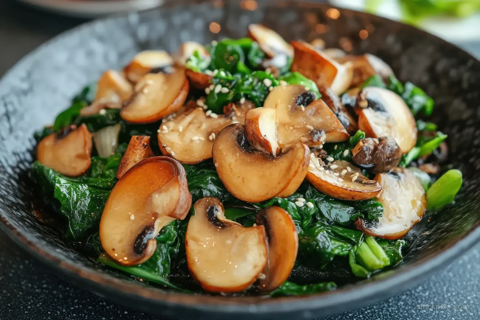 Stir-fried mushrooms and bok choy with garlic sauce and chopped herbs in a dark bowl.