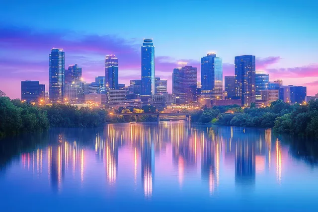 Minneapolis skyline at dusk across the Mississippi River with glowing skyscraper reflections