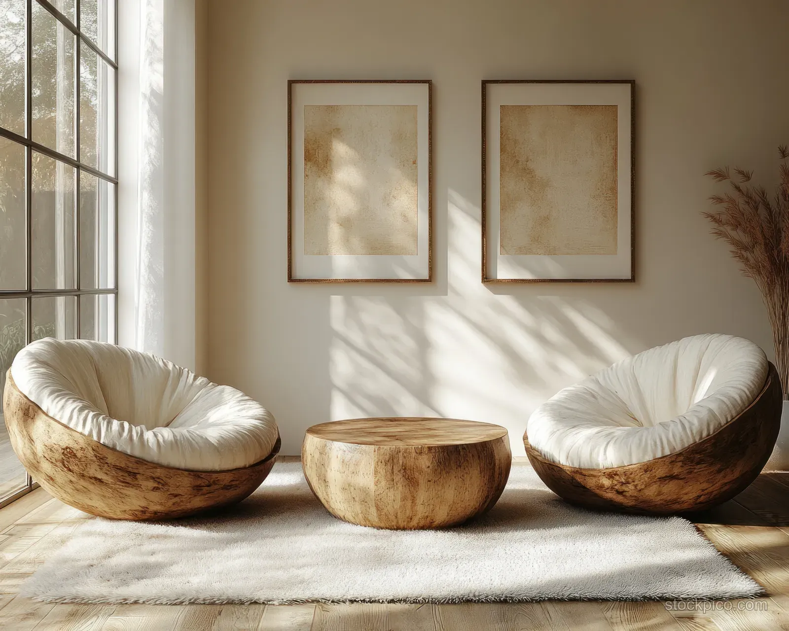 Two round white lounge chairs and a carved wooden coffee table sit on a rug beneath framed wall art in sunlight.