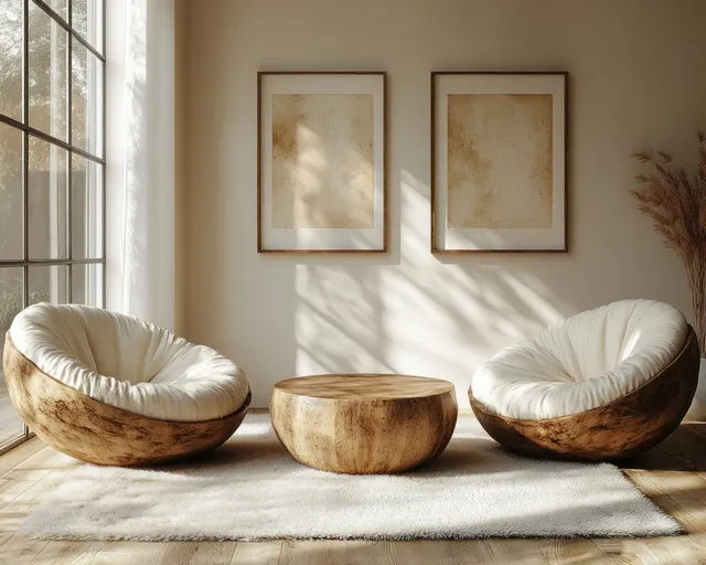Scandinavian living room with round lounge chairs and wooden coffee table in sunlit window light