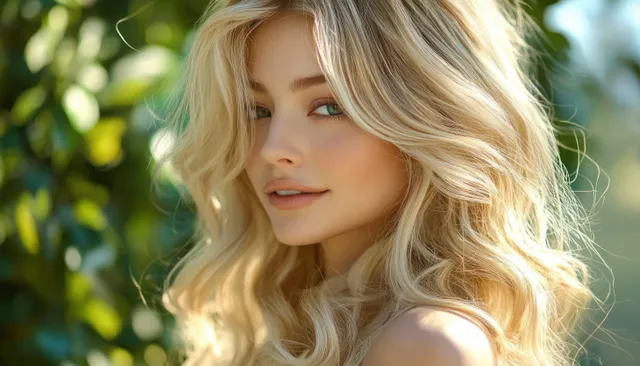Blonde woman with wavy hair softly smiling outdoors with sunlit green leaves blurred behind her.
