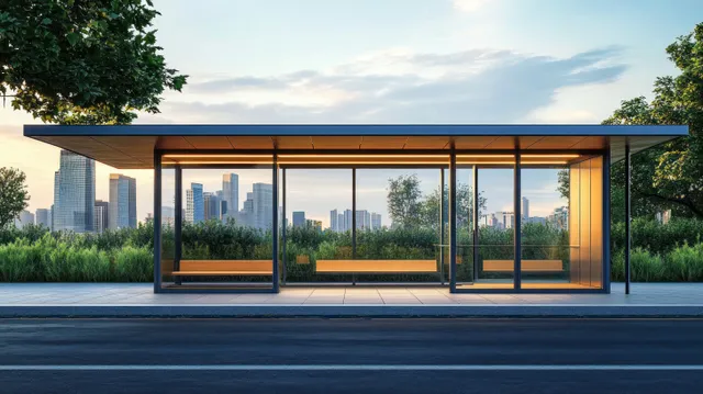 Transparent bus stop shelter with wooden benches along a quiet street, with greenery and a distant city skyline at sunset.