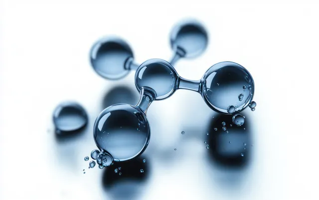 Connected transparent spheres resembling a molecular structure with small water droplets on a smooth white background.