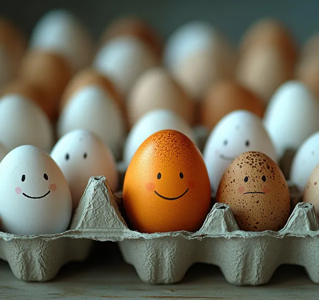 White and brown eggs in a carton with drawn happy and sad faces in a close-up.