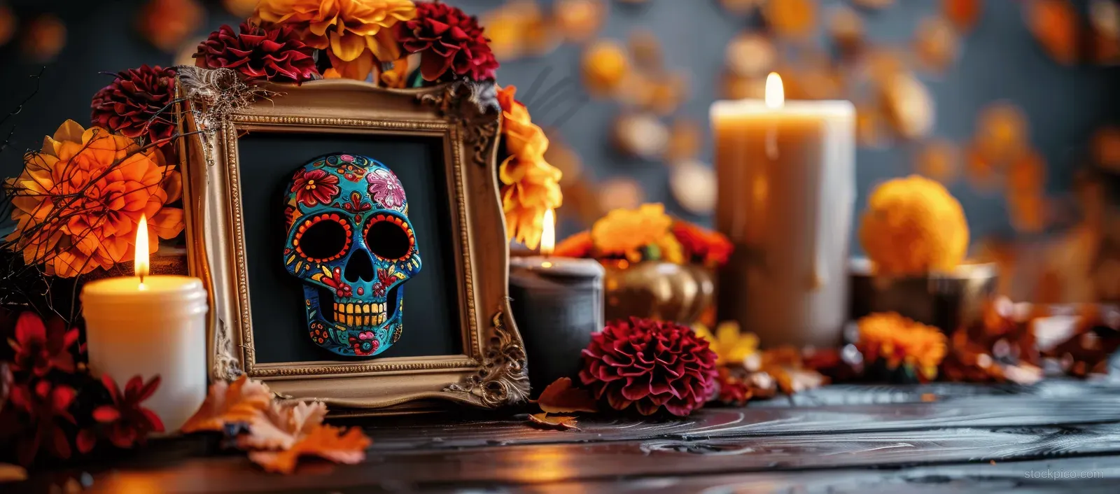 Colorful sugar skull in an old frame with lit candles and orange marigold flowers on a dark wooden altar.