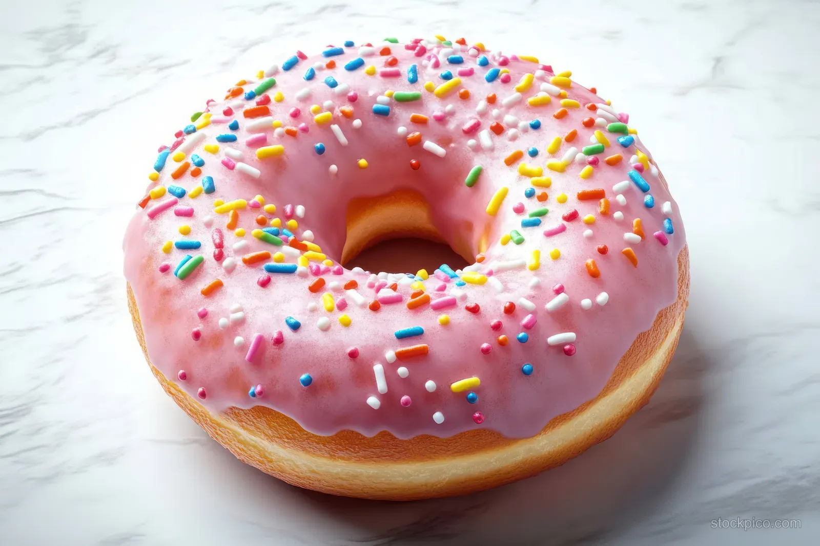 A glazed pink donut with colorful sprinkles on a white marble surface.