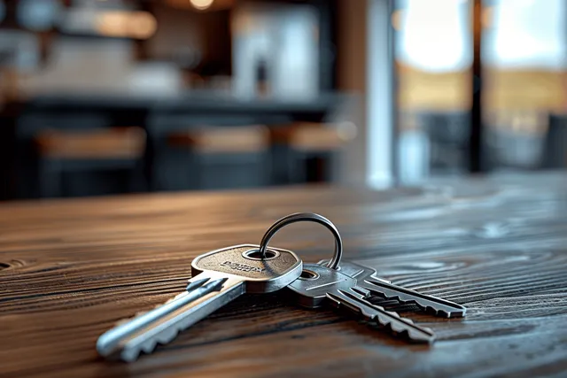 Metal house keys lie on a wooden table with a blurred kitchen interior and warm bokeh lights in the background.