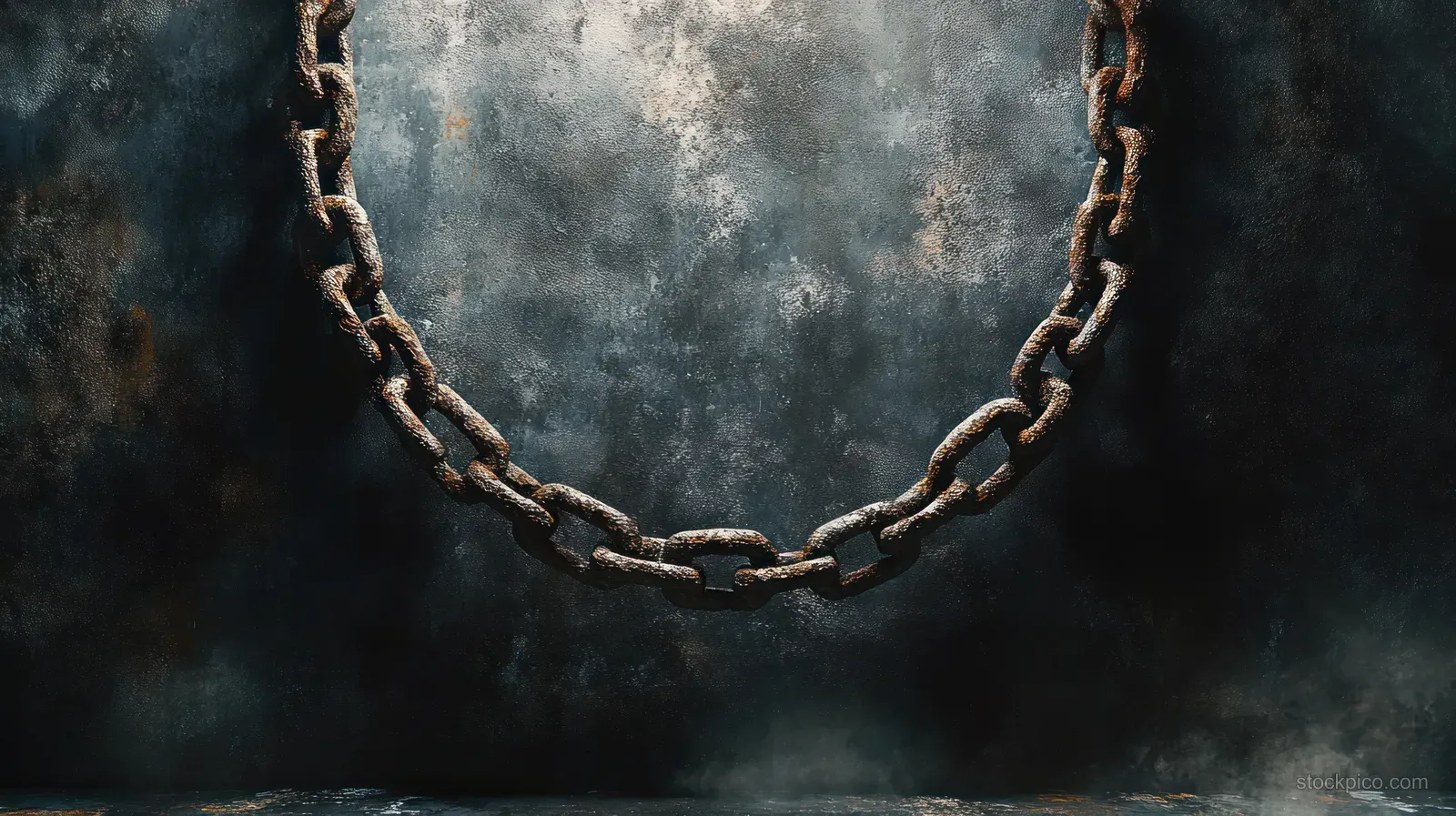 A heavy rusted metal chain hangs against a dark industrial textured background with corroded links and grime.