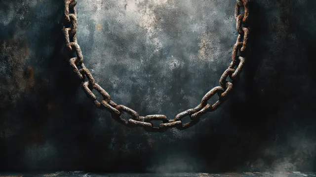 Rusted metal chain hangs in a dark industrial setting, showing heavy corrosion and wear