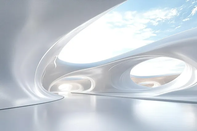 Empty futuristic hallway interior with smooth white curved walls and a bright sky-lit opening.