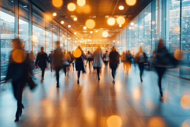 Motion-blurred pedestrians walk through a glass hallway under warm overhead lights with reflections on the polished floor.