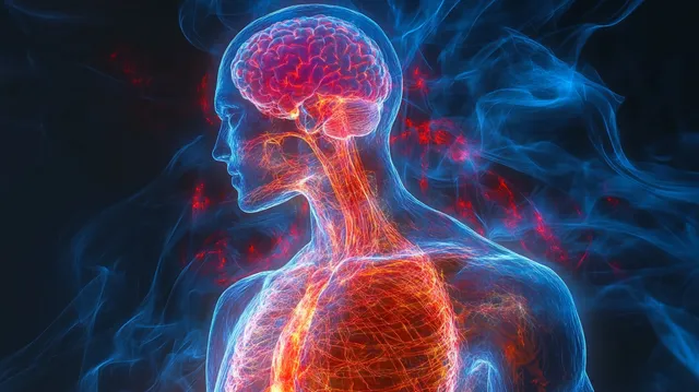 Human side profile with glowing brain and nerve network in blue and red overlay illustration