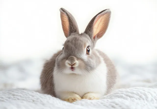 Close-up rabbit portrait with soft gray-white fur and intense gaze on light bedding