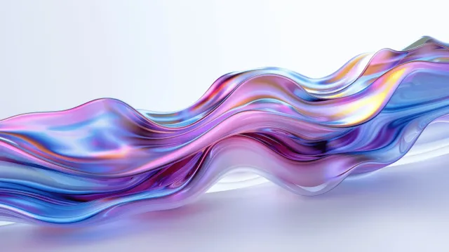 Colorful iridescent wavy liquid ribbon flowing across a white background with glossy highlights.