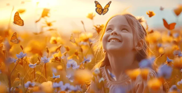 Little girl laughing among spring flowers as butterflies flutter across a sunset meadow
