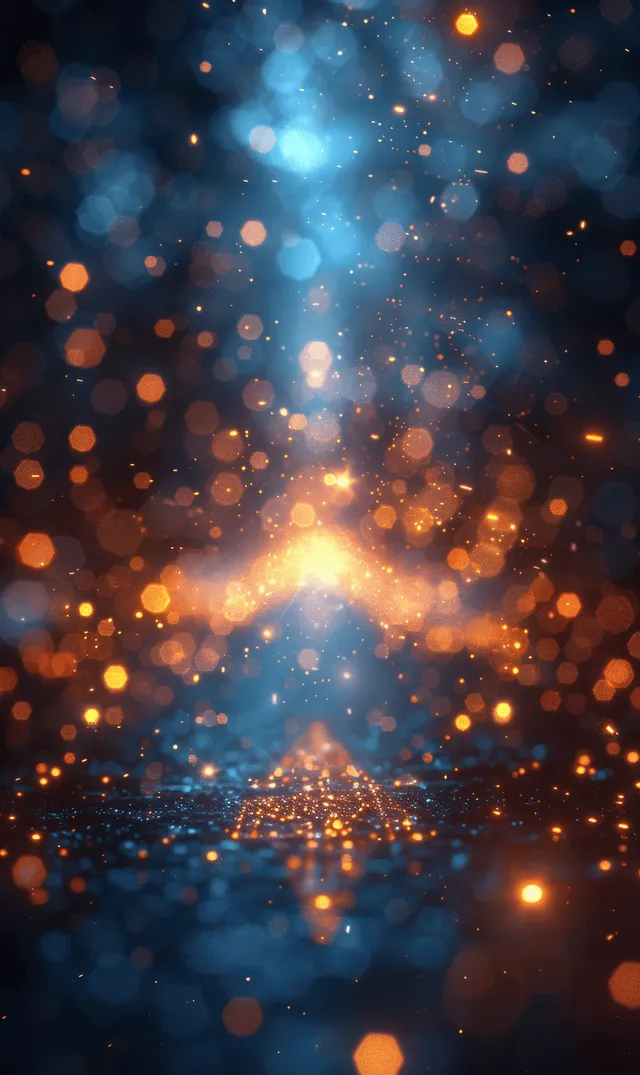 Abstract hexagonal bokeh lights in blue and orange glow behind festive sparkle particles