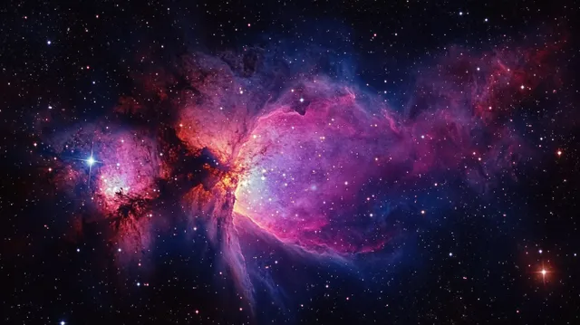 A swirling cosmic nebula spreads pink and blue starlight with glowing clouds across a dark starry sky.