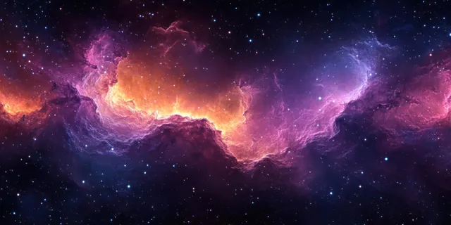 A swirling purple and pink nebula fills deep space with scattered stars and glowing cosmic dust.