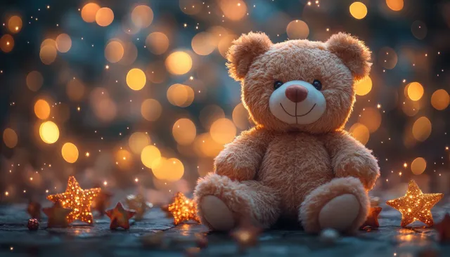 A teddy bear sits on a blanket with warm glowing bokeh lights and small star decorations in a studio.