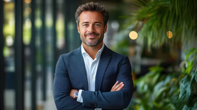 Smiling businessman with arms crossed stands in a modern office hallway with soft light and blurred greenery.