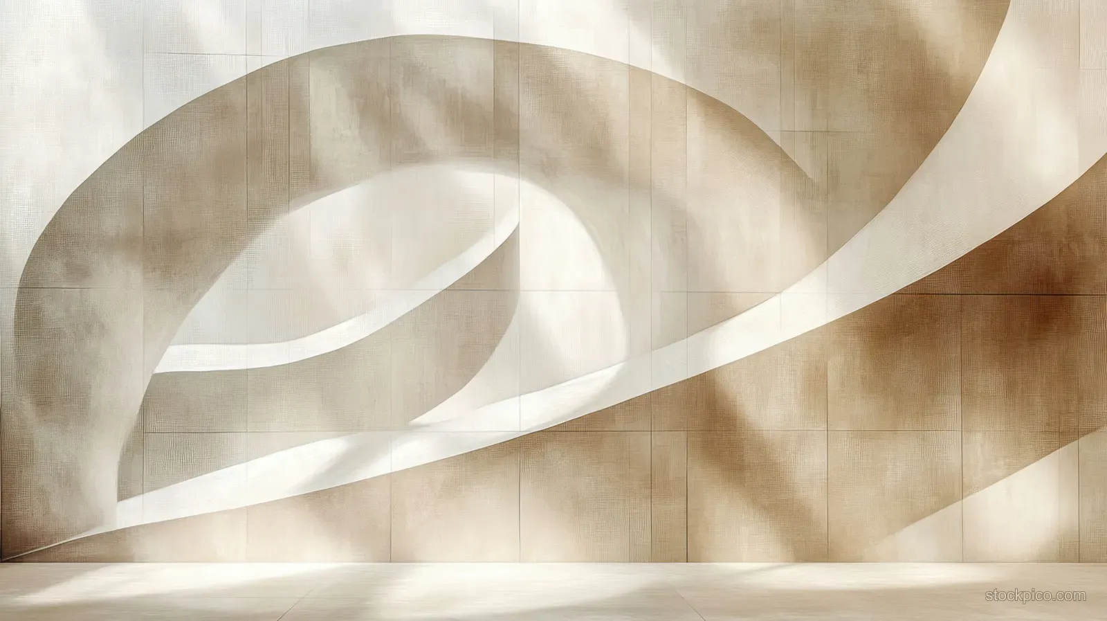Curved shadow bands flow across a beige and brown interior wall with a smooth textured surface.