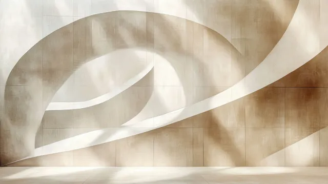Curved shadow bands flow across a beige and brown interior wall with a smooth textured surface.