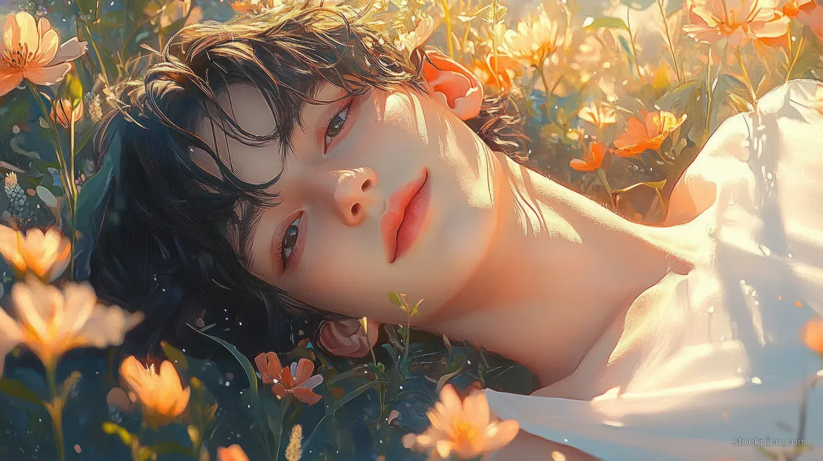 A young man reclines in a flower field as orange blossoms glow in warm sunlight.