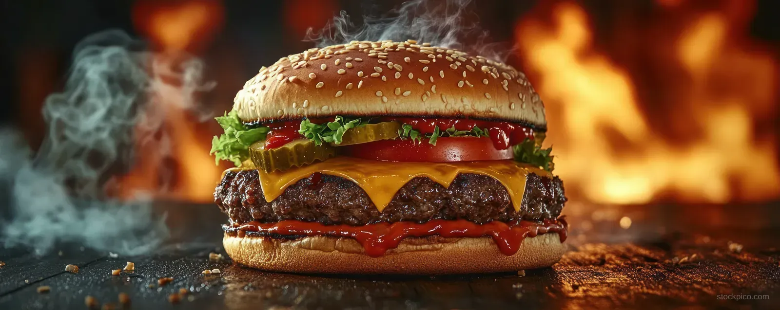 Close-up cheeseburger with melted cheese and fresh toppings on a sesame bun against a smoky flame background.