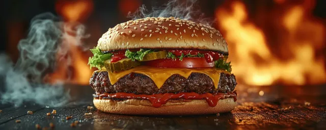 Close-up cheeseburger with melted cheese and fresh toppings on a sesame bun against a smoky flame background.