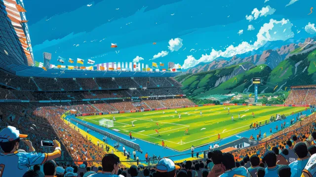 Men’s football qualifier match in Argentina stadium, fans cheering under bright open sky
