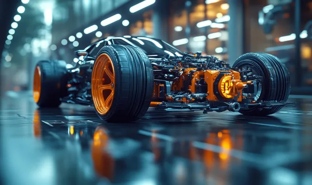 Cutaway hydrogen fuel cell car chassis with exposed drivetrain components in a futuristic workshop.