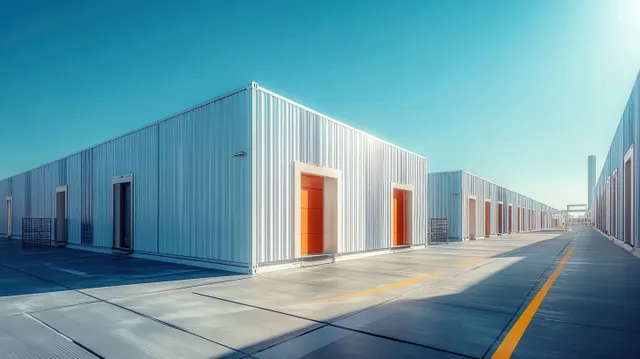 Blue metal warehouse buildings with orange doors line a concrete driveway under a clear blue sky.