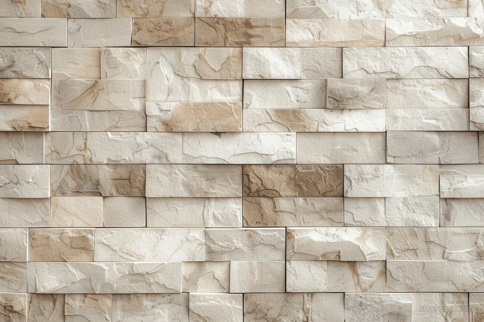 Beige and white marble tile wall with stacked stone blocks and visible grout texture.
