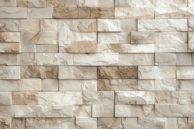 Beige and white marble tile wall with stacked stone blocks and visible grout texture.
