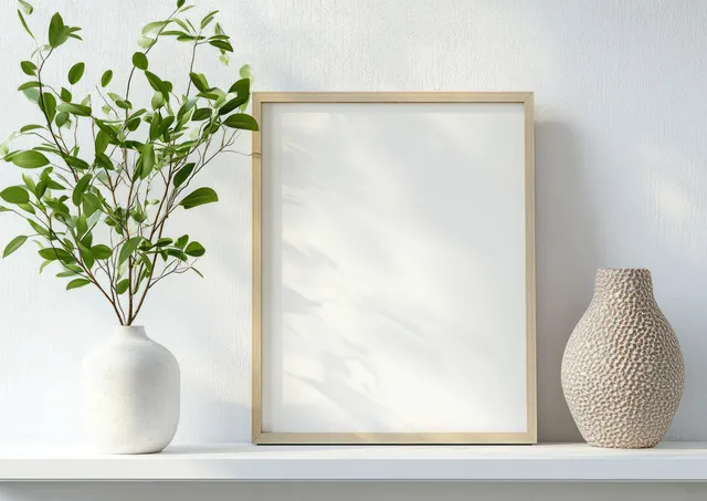 Minimalist interior with blank picture frame on white shelf beside potted plant