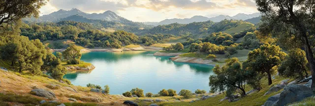 Calm lake between rolling green hills, trees, and distant mountains under soft clouds