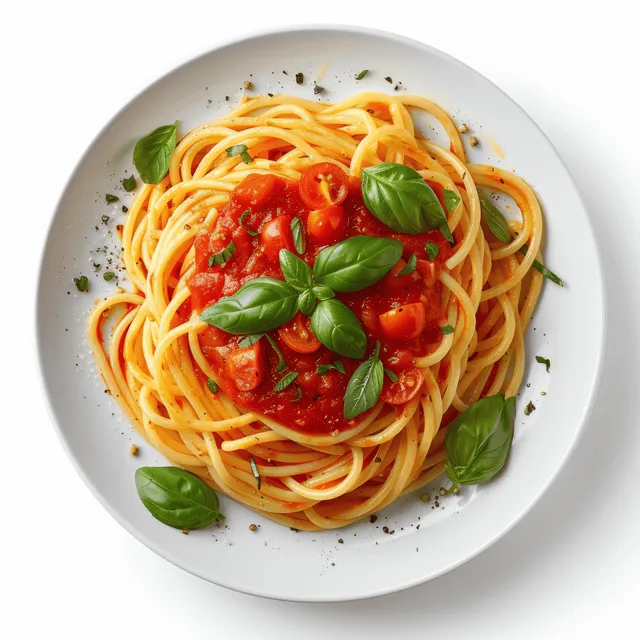 Overhead view shows spaghetti with tomato sauce and fresh basil on a white plate.