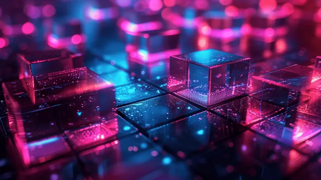 Futuristic glass geometric blocks arranged in 3D tunnel with blue and violet glow