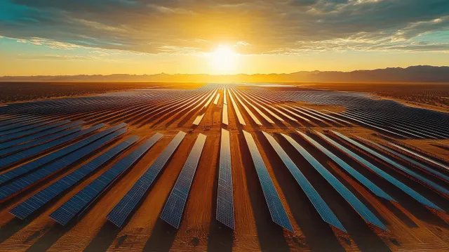 Rows of solar panels stretch across a desert under a vivid sunset with clouds and distant mountains.