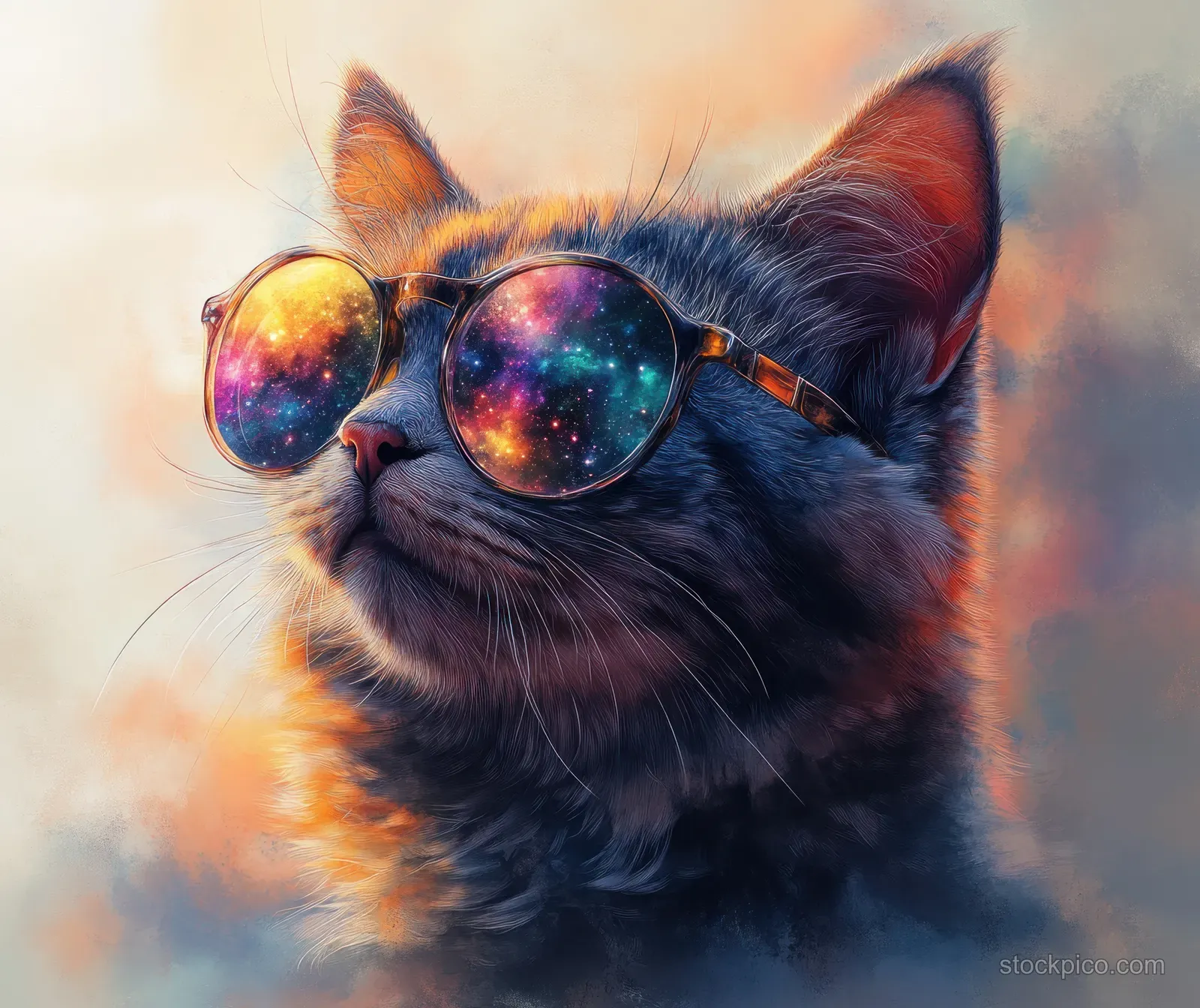 Watercolor illustration of a cat portrait wearing round glasses reflecting galaxies and a starry sky.